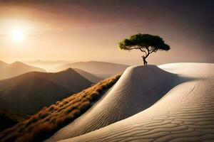 ein einsam Baum steht auf oben von ein Sand Düne. KI-generiert foto