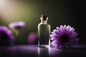 ein Flasche von wesentlich Öl und lila Blumen. KI-generiert foto