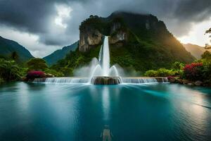 das Wasserfall im das Mitte von das Schwimmbad. KI-generiert foto