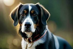 ein Hund mit ein Halsband und Leine ist suchen beim das Kamera. KI-generiert foto