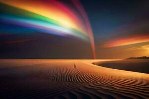 ein Regenbogen ist gesehen im das Himmel Über ein Sand Düne. KI-generiert foto