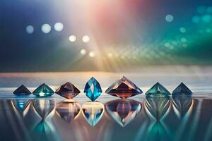 ein Reihe von Diamanten auf ein Oberfläche mit ein Licht hinter Es. KI-generiert foto