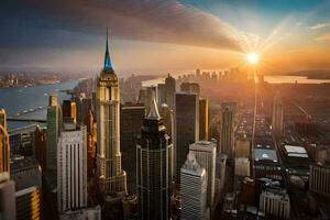 das Sonne steigt an Über das Stadt Horizont im Neu York. KI-generiert foto