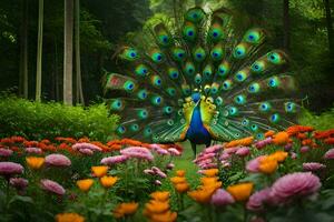 das Pfau ist ein schön Vogel Das ist ein Symbol von Lizenzgebühren und Leistung. KI-generiert foto