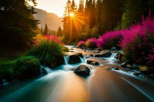 ein Fluss fließend durch ein Wald beim Sonnenuntergang. KI-generiert foto