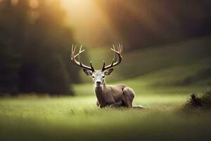 ein Hirsch ist Sitzung im das Gras mit das Sonne leuchtenden. KI-generiert foto