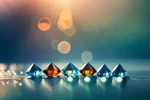 fünf bunt Diamant Formen auf ein glänzend Oberfläche. KI-generiert foto