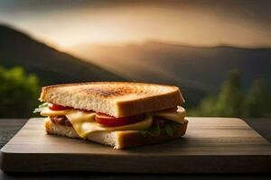 ein gegrillt Käse Sandwich auf ein hölzern Tafel mit Berge im das Hintergrund. KI-generiert foto