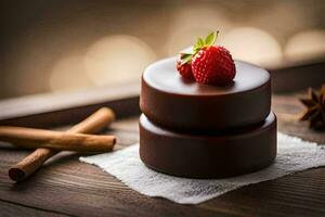 Schokolade Kuchen mit Erdbeere auf oben auf hölzern Tisch. KI-generiert foto