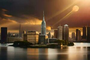 das Sonne ist leuchtenden Über ein Stadt Horizont. KI-generiert foto