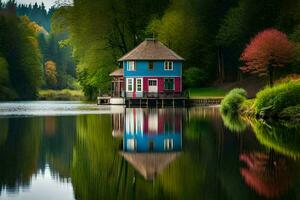 ein bunt Haus sitzt auf das Kante von ein See. KI-generiert foto