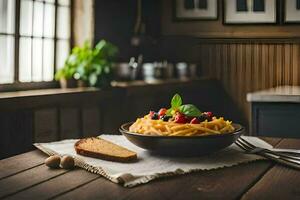 ein Schüssel von Pasta mit Beeren und Brot auf ein hölzern Tisch. KI-generiert foto