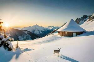 ein Hirsch steht im Vorderseite von ein Kabine im das Schnee. KI-generiert foto