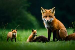 ein Fuchs Familie im das Gras. KI-generiert foto