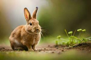 ein Hase ist Sitzung auf das Boden im das Gras. KI-generiert foto