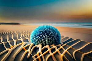 ein Blau Ball sitzt auf das Sand im Vorderseite von das Ozean. KI-generiert foto