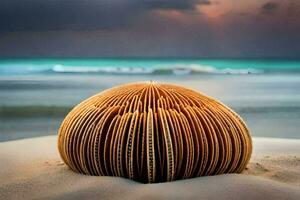 ein hölzern Ball sitzt auf das Sand im Vorderseite von das Ozean. KI-generiert foto