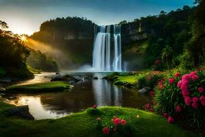 schön Wasserfall im das Morgen mit Rosa Blumen. KI-generiert foto