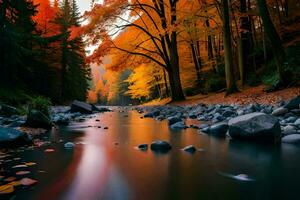 Herbst Wald, Fluss, Felsen, Bäume, Felsen, Bäume, Felsen, Bäume, Felsen. KI-generiert foto