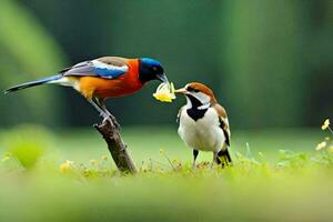 zwei Vögel sind Stehen auf ein grasig Feld mit ein Gelb Blume. KI-generiert foto