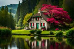 ein klein Haus sitzt auf das Kante von ein See. KI-generiert foto