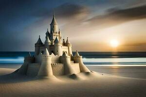 ein Sand Schloss auf das Strand beim Sonnenuntergang. KI-generiert foto