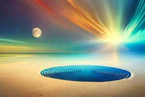 ein Blau Loch im das Sand mit ein Regenbogen im das Himmel. KI-generiert foto