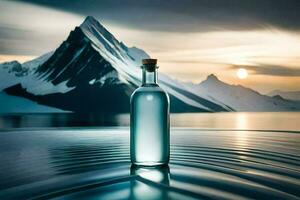 ein Flasche von Wasser sitzt auf das Kante von ein See mit Berge im das Hintergrund. KI-generiert foto