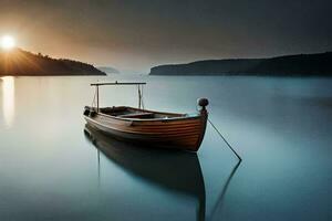 ein Boot ist Sitzung auf das Wasser beim Sonnenuntergang. KI-generiert foto