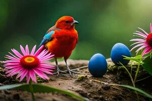 ein bunt Vogel ist Stehen Nächster zu etwas Blumen. KI-generiert foto