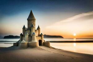 ein Sand Schloss auf das Strand beim Sonnenuntergang. KI-generiert foto