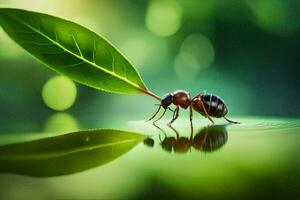 ein klein Ameise ist Stehen auf ein Blatt. KI-generiert foto