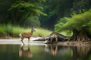 ein Hirsch und ein Alligator Stehen Nächster zu jeder andere im das Wasser. KI-generiert foto