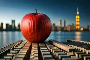 ein Apfel sitzt auf oben von ein hölzern Tabelle im Vorderseite von ein Stadt Horizont. KI-generiert foto