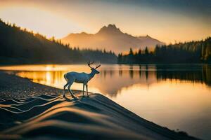 ein Hirsch steht auf das Ufer von ein See beim Sonnenuntergang. KI-generiert foto