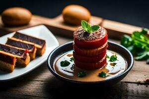 ein Teller von Essen mit ein Scheibe von Fleisch auf oben. KI-generiert foto