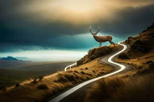 ein Hirsch steht auf ein Straße mit ein Wicklung Weg. KI-generiert foto