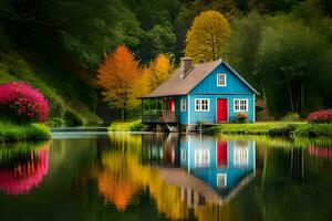 bunt Haus auf das Wasser mit bunt Blumen. KI-generiert foto