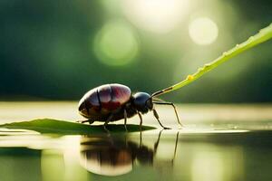 ein Käfer auf ein Blatt im Wasser mit Sonnenlicht. KI-generiert foto