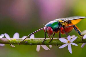 ein bunt Insekt ist Sitzung auf ein Ast. KI-generiert foto