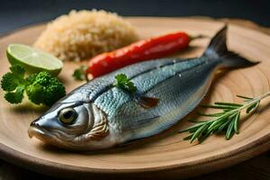 ein Fisch auf ein hölzern Teller mit Reis und Gemüse. KI-generiert foto