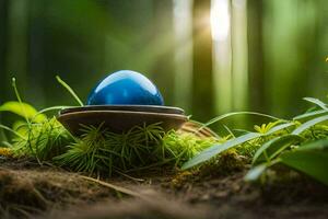 ein Blau Ei im ein Schüssel von Moos. KI-generiert foto