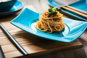 ein Teller von Spaghetti mit Essstäbchen auf Es. KI-generiert foto