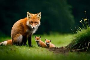 ein Fuchs und ihr zwei Jungen im das Gras. KI-generiert foto