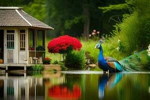 Pfau im Teich, Haus, Garten, Wasser, Betrachtung, Blume, Wasser, Teich. KI-generiert foto