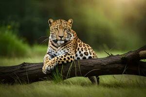 ein Leopard ist Sitzung auf ein Baum Ast im das Gras. KI-generiert foto