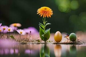 ein Blume und ein Ei sind Sitzung auf das Boden Nächster zu ein Teich. KI-generiert foto