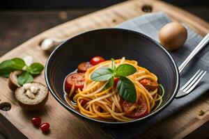 ein Schüssel von Spaghetti mit Tomaten und Basilikum Blätter. KI-generiert foto