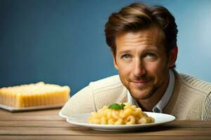 ein Mann ist suchen beim ein Teller von Pasta. KI-generiert foto