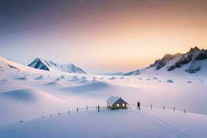 ein klein Haus im das Mitte von ein schneebedeckt Feld. KI-generiert foto